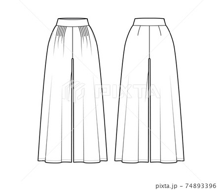 Pants gaucho technical fashion illustration with normal waist, high rise, pleats, ankle cropped length, seam pockets. Pants gaucho technical fashion illustration with normal waist, high rise, pleats, ankle cropped length, seam pockets. 74893396