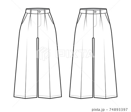 Set of Pants capri technical fashion illustration with low normal waist, rise, single pleat, mid-calf length, wide legs Set of Pants capri technical fashion illustration with low normal waist, rise, single pleat, mid-calf length, wide legs 74893397