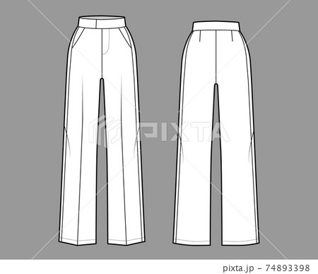 Pants tuxedo technical fashion illustration with extended normal waist, rise, full length, pockets, side satin stripe Pants tuxedo technical fashion illustration with extended normal waist, rise, full length, pockets, side satin stripe 74893398