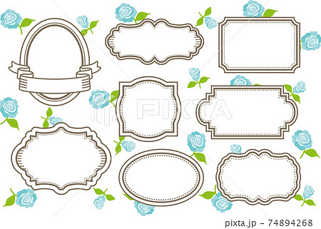 バラとレトロフレームセットブルー 74894268