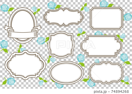 バラとレトロフレームセットブルー 74894268