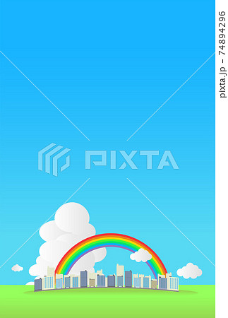 入道雲と都会・街と緑と青空の背景(縦) 74894296