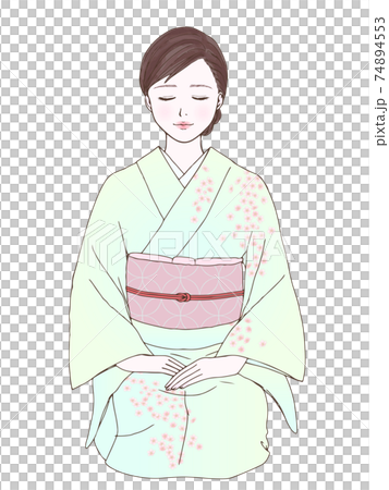 正座をする目を閉じた着物の女性 74894553