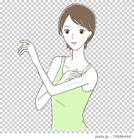 A smiling woman applying cream to her arms A smiling woman applying cream to her arms 74896446