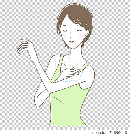 A smiling woman applying cream to her arms A smiling woman applying cream to her arms 74896448