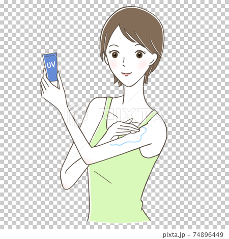 在她的手臂上放防曬霜的微笑婦女 在她的手臂上放防曬霜的微笑婦女 74896449