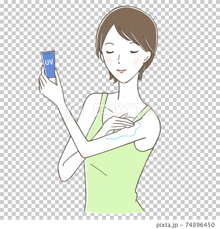 A smiling woman who puts sunscreen on her arms A smiling woman who puts sunscreen on her arms 74896450