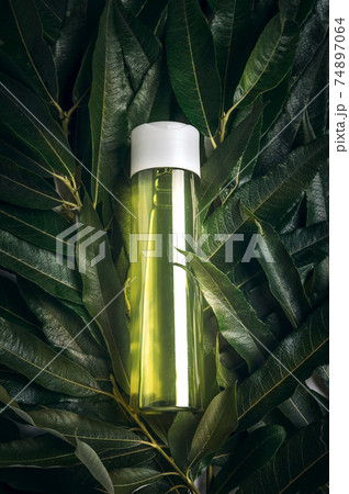 Background from plants with green bottle with natural cosmetics for hair and body care with organic oils and extracts 74897064