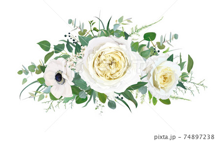 Tender spring vector floral bouquet design. Cream yellow cabbage Roses, white anemone, ivory wax flowers, Eucalyptus green leaves, branches, delicate forest fern greenery. Editable isolated vector art Tender spring vector floral bouquet design. Cream yellow cabbage Roses, white anemone, ivory wax flowers, Eucalyptus green leaves, branches, delicate forest fern greenery. Editable isolated vector art 74897238
