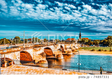 Histoirical center of the Dresden Old Town.River Elba. Dresden has a long history as the capital and royal residence for the Electors and Kings of Saxony.Saxony, Germany. 74897331