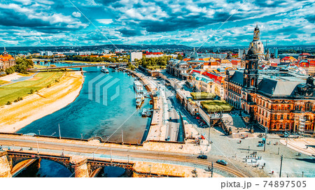 Histoirical center of the Dresden Old Town.River Elba. Dresden has a long history as the capital and royal residence for the Electors and Kings of Saxony.Saxony, Germany. Histoirical center of the Dresden Old Town.River Elba. Dresden has a long history as the capital and royal residence for the Electors and Kings of Saxony.Saxony, Germany. 74897505
