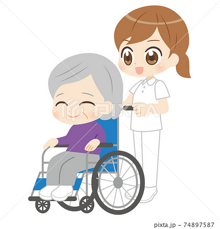 車椅子の高齢女性と介護士のイラスト素材