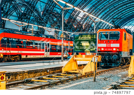 DRESDEN, GERMANY-SEPTEMBER 08, 2015 : City views one of the most beautiful city Germany- Dresden. Central Railway Station of Dresden (Dresden Hauptbahnhof). Saxony. Germany. DRESDEN, GERMANY-SEPTEMBER 08, 2015 : City views one of the most beautiful city Germany- Dresden. Central Railway Station of Dresden (Dresden Hauptbahnhof). Saxony. Germany. 74897797