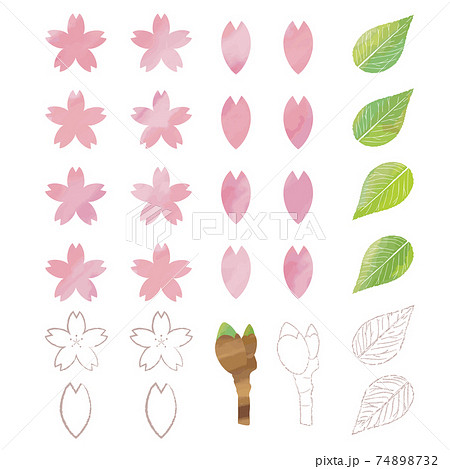 桜 桜の花 桜の葉 春の素材セットのイラスト素材 [74898732] - PIXTA