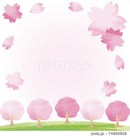 春 さくら 桜 花 緑 芝生 フレーム 水彩 背景 コピースペース イラスト素材のイラスト素材