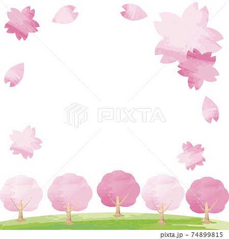 春 さくら 桜 花 緑 芝生 フレーム 水彩 背景 コピースペース イラスト素材のイラスト素材