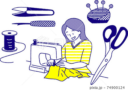 ミシンをかける女性と裁縫道具のシンプルイラストのイラスト素材