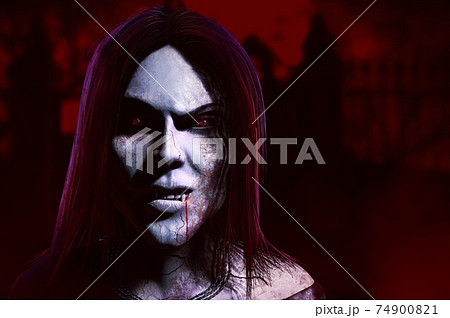 3d render illustration of horror female vampire monster face on dark crimson graveyard background. 3d render illustration of horror female vampire monster face on dark crimson graveyard background. 74900821