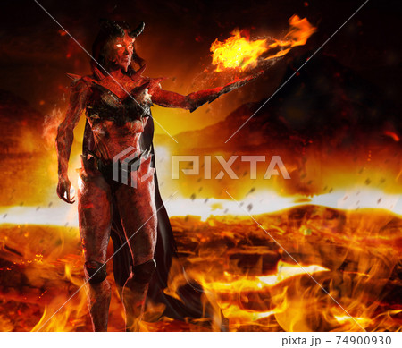 3d render illustration of hellish demon goddess standing and casting fire spell on burning inferno background. 74900930