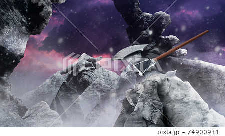 3d render illustration of a fantasy viking mountain valley with falling snow and axe in stone. 3d render illustration of a fantasy viking mountain valley with falling snow and axe in stone. 74900931
