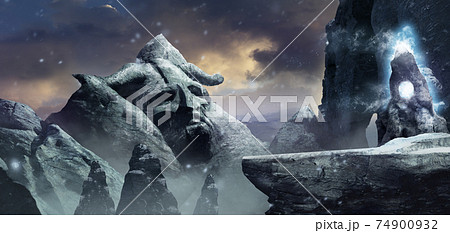 3d render illustration of a fantasy viking mountain valley with burning magical totem. 74900932