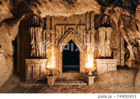 3d render environtment illustration of the temple entrance cave with monk statues and burning torches closeup. 3d render environtment illustration of the temple entrance cave with monk statues and burning torches closeup. 74900933