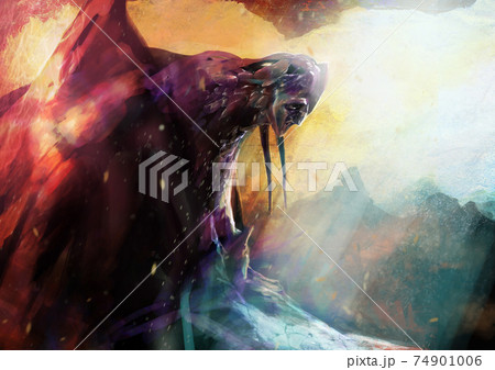 Illustrated fantasy underworld stone giant creature in mountain artwork. 74901006