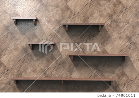 3d render illustration of empty shelves on wooden tile wall background with copy space. 3d render illustration of empty shelves on wooden tile wall background with copy space. 74901011