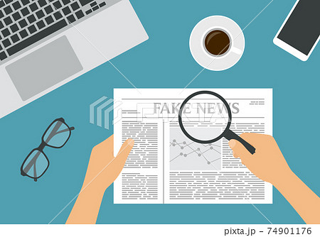 Flat design illustration of male or female hand holding newspaper with financial chart and headline Fake News. Magnifier and glasses with a cup of coffee on a green background, vector 74901176