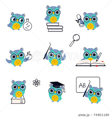 Wise Owl Wearing Glasses in Various Actions Set, Cute Bird Teacher Cartoon Character Teaching at Lesson Vector Illustration Wise Owl Wearing Glasses in Various Actions Set, Cute Bird Teacher Cartoon Character Teaching at Lesson Vector Illustration 74901180