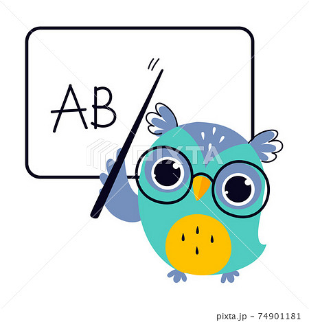 Wise Owl in Glasses, Cute Bird Teacher Cartoon Character Teaching at School Vector Illustration Wise Owl in Glasses, Cute Bird Teacher Cartoon Character Teaching at School Vector Illustration 74901181