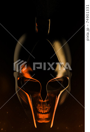 3d render illustration of spartan warrior skull in helmet composition on dark background. 74901331