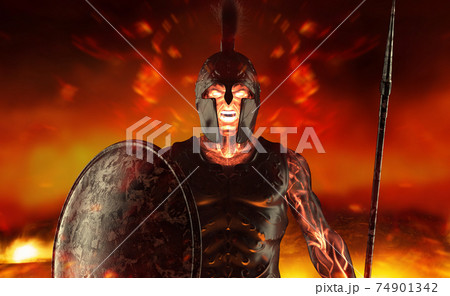 3d render illustration of spartan fire king demigod face in armor and helmet, holding spear on battelfield background. 3d render illustration of spartan fire king demigod face in armor and helmet, holding spear on battelfield background. 74901342