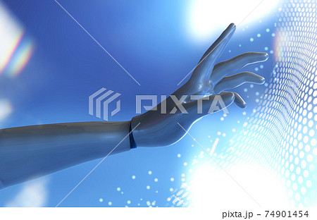 3d rendered illustration of humanoid robot hand touching cyber technological net. 3d rendered illustration of humanoid robot hand touching cyber technological net. 74901454