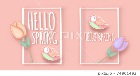 Hello spring label with spring birds and flowers on a soft pastel pink background. Hello spring simple cut paper style illustration design template 74901492