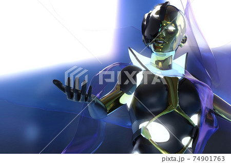 3d render illustration of female robot humanoid goddess creature in suit and helmet. 3d render illustration of female robot humanoid goddess creature in suit and helmet. 74901763