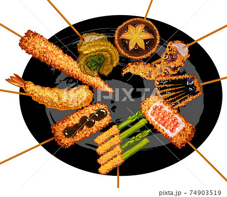 より取り見取りな複数種類の串揚げセット-お皿に盛り付け 74903519