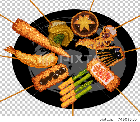 より取り見取りな複数種類の串揚げセット-お皿に盛り付け 74903519