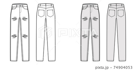 Ripped Jeans distressed Denim pants technical fashion illustration with full length, low waist, rise, 5 pockets, Rivets 74904053