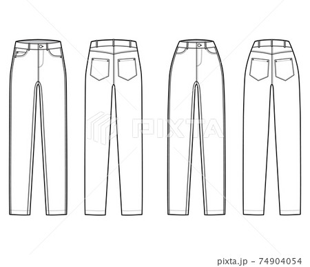 Set of Skinny Jeans Denim pants technical fashion illustration with full length, normal waist, rise, 5 pockets, Rivets. 74904054