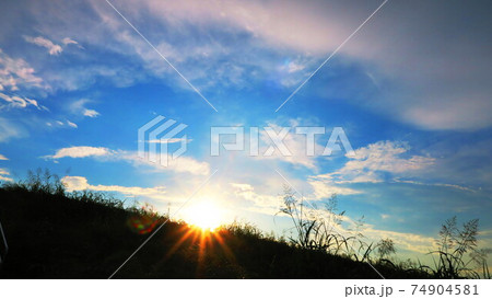 埼玉県戸田市付近の荒川土手の夕暮れの風景 74904581