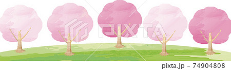 春 さくら 桜 花 緑 芝生 フレーム 水彩 背景 コピースペース イラスト素材のイラスト素材