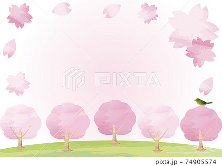 春 さくら 桜 メジロ 花 鳥 緑 芝生 フレーム 水彩 背景 コピースペース イラスト素材のイラスト素材