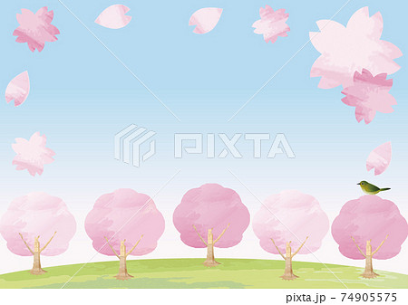 春 さくら 桜 メジロ 花 鳥 緑 芝生 フレーム 水彩 背景 コピースペース イラスト素材のイラスト素材