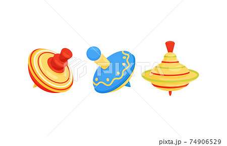 Colorful Spinning Top as Children Toy with Sharp Point for Balancing Vector Set 74906529