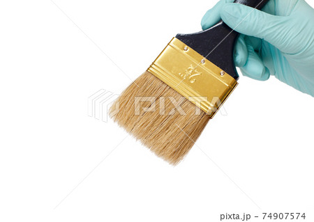Woman holding painter brush on a white isolated background. Repair tool. 74907574