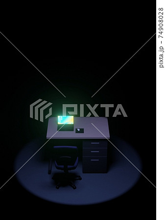 暗い部屋にオフィスデスクとオフィスチェアとノートパソコン 3dcgのイラスト素材