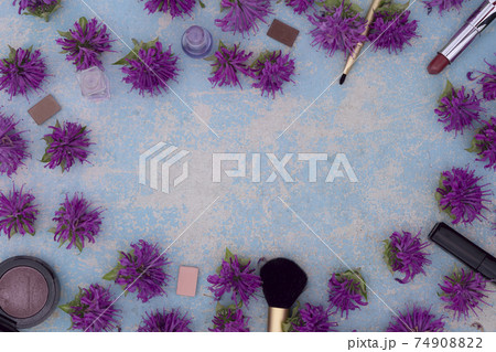 Makeup blusher rouge, brushes, lipstick, eye shadow with violet bergamot flower Makeup blusher rouge, brushes, lipstick, eye shadow with violet bergamot flower 74908822