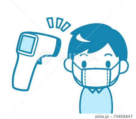 非接触型体温計で検温する男性のイラスト素材