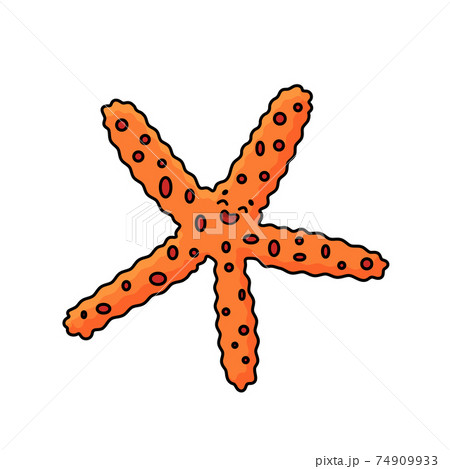 Vector outline cartoon colorful sea star or Starfish with eyes, smile. Doodle Marine invertebrate from sea or ocean brightly colored in orange. Isolated on white background Vector outline cartoon colorful sea star or Starfish with eyes, smile. Doodle Marine invertebrate from sea or ocean brightly colored in orange. Isolated on white background 74909933